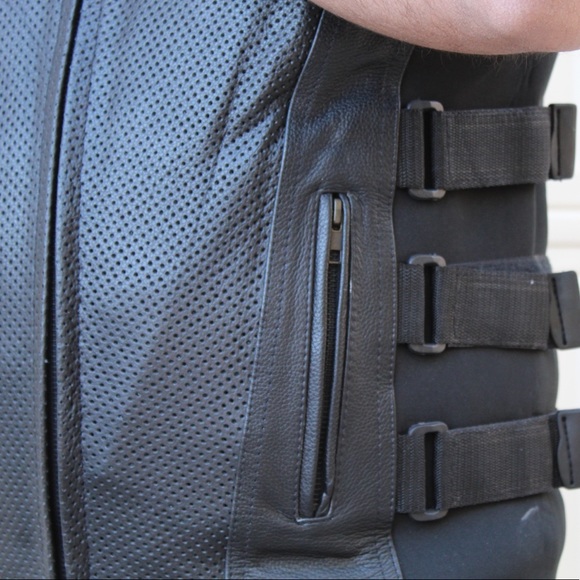 Men Motorcycle Perforated Tactical Style Swat Concealed Carry Leather Vest - Picture 3 of 7